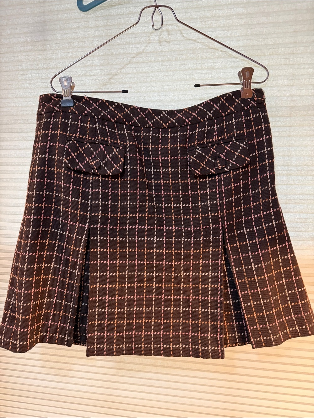 LOFT Brown, Pink, and White Plaid A-Line Mini Skirt with Front Flap Pockets